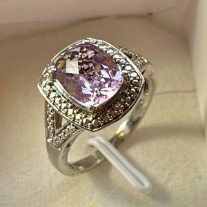 Amethyst Ring with Diamond chips. Platinum over Sterling Silver Sz. 8 Beautiful